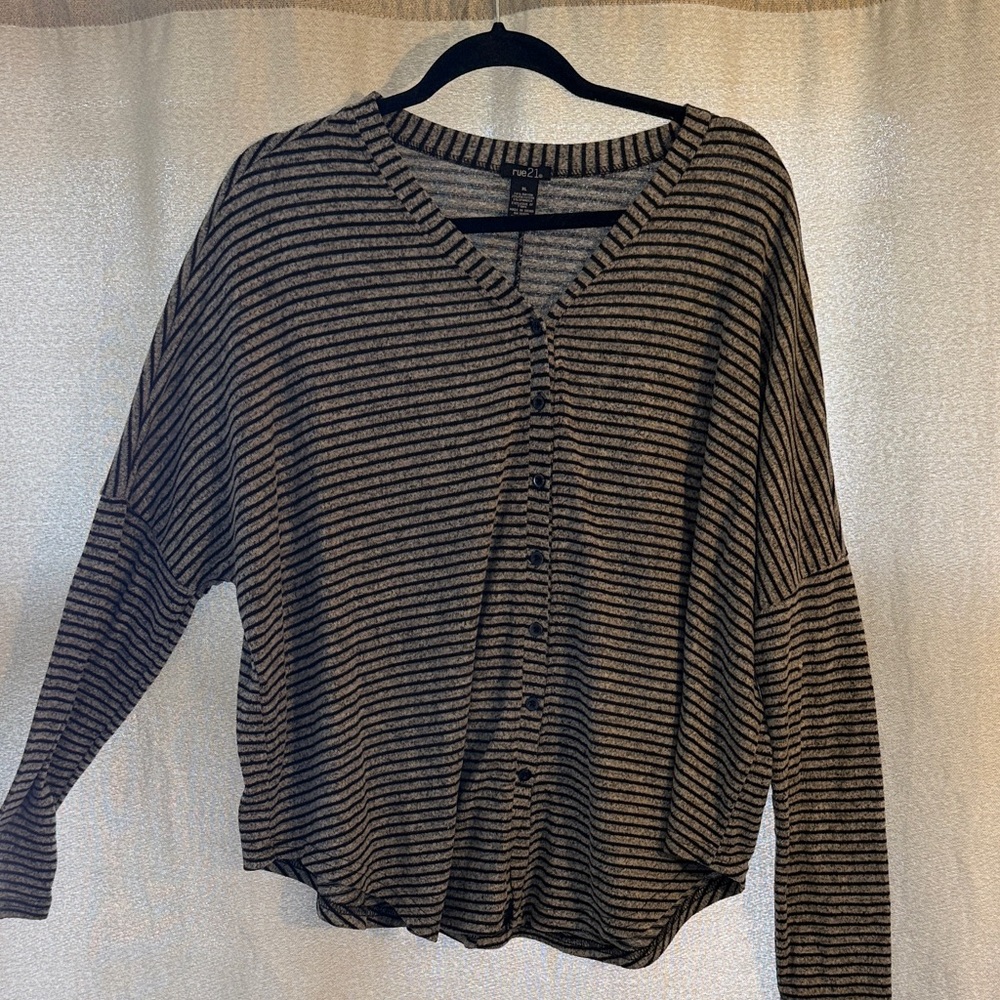 Striped V-Neck Button-Up Cardigan